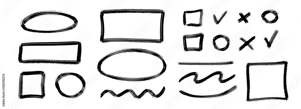 Poster Black charcoal geometric frame and element set. Rectangle and circle paintbrush border collection. Rough sketched elements for highlight, underline, emphasis. Vector scribbled crayon form pack