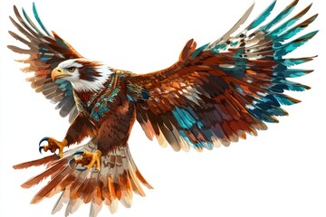 Majestic eagle in flight, vibrant plumage, white background, freedom