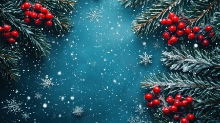 Christmas Branches, Blue Background, Snowflakes