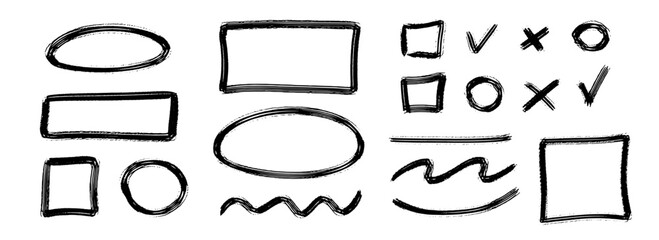 Obraz premium Black charcoal geometric frame and element set. Rectangle and circle paintbrush border collection. Rough sketched elements for highlight, underline, emphasis. Vector scribbled crayon form pack