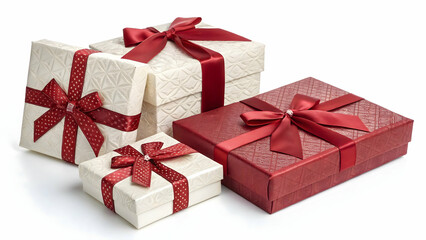 Obraz premium White gift box with red ribbon on white background,Elegant gift box with red ribbon and bow isolated on white background,christmas presents,Red gift box with a shiny bow isolated on white background, 