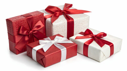 Obraz premium White gift box with red ribbon on white background,Elegant gift box with red ribbon and bow isolated on white background,christmas presents,Red gift box with a shiny bow isolated on white background, 