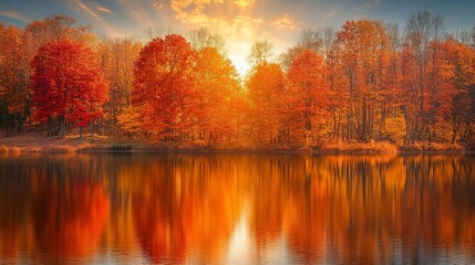 Lake reflects trees, vibrant autumn colors, sunset skies, tranquil scenic view