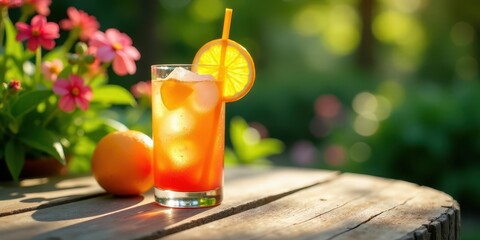 Refreshing citrus beverage in tall glass with ice cubes and orange slice garnish on wooden surface outdoors in sunlight beside flowering plants
