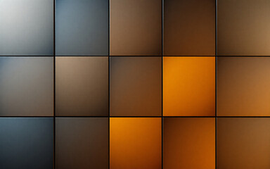 Geometric composition of squares with varied brown and orange hues. Three-dimensional block pattern, textured surface, one square is bright orange.