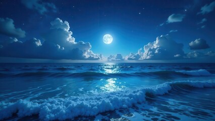 Serene Night Seascape Ocean Waves Under a Full Moon and Starlit Sky