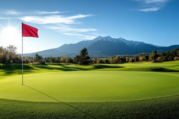 Scenic Golf Green: Captivating shot of a perfectly manicured golf green with a vibrant red flag, set against a backdrop of majestic mountains under a brilliant blue sky.