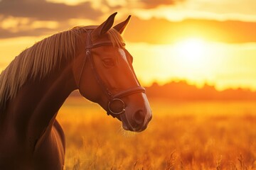Fototapeta premium Chestnut horse sunset field summer portrait