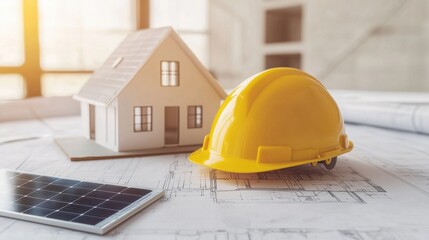 Construction Planning Concept with Model Home and Safety Helmet