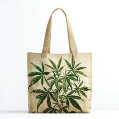 Beige Hemp Tote Bag with Green Cannabis Leaf Print