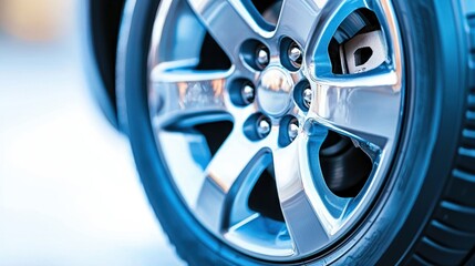Obraz premium Polished car wheel with detailed spokes, bolts, brake caliper