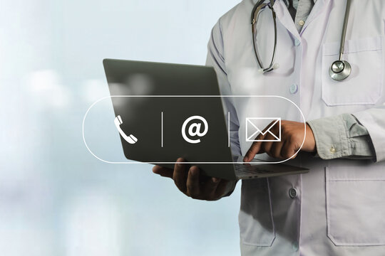 doctor  show plese Contact Us line contact hand telephone  email address showcasing a digital marketing app for global online communication and smart client services.