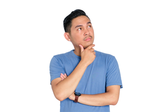 Smiling young Asian man touching chin while looking up with thoughtful expression, decision making, isolated on transparent background