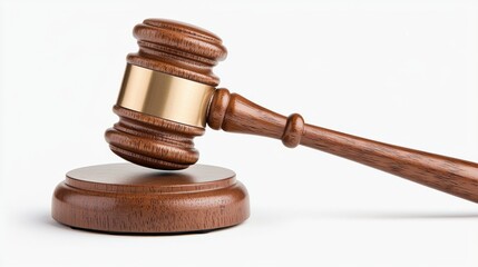Brown Wooden Gavel with Gold Band on White Background