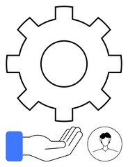 Gear symbol conveying process or settings, open hand symbolizing assistance, user icon denoting personalization. Ideal for collaboration, service, support, management, customization, technology