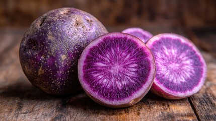 Purple potatoes, one whole and two halves, rest on a rustic wooden surface