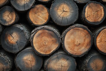 Stack of tree log slices with visible tree rings and rough bark texture