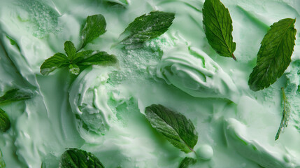 Mint ice cream with fresh mint in light green color. 