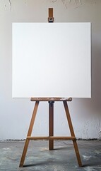 Blank canvas on wooden easel in art studio with neutral wall background