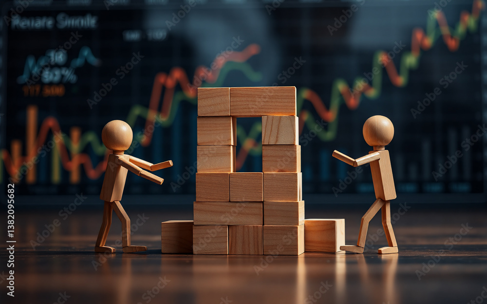 Poster two wooden figures construct a tower of blocks against a backdrop of vibrant financial market graphs