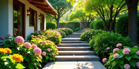 Serene Garden Path Leading to a House with Blossoming Flowers and Lush Greenery