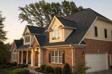 Stunning suburban home with classic architecture and inviting landscaping.
