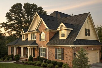 Stunning suburban home with classic architecture and inviting landscaping.