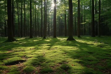 Obraz premium Sunlight streaming through dense green forest with mossy ground in spring morning
