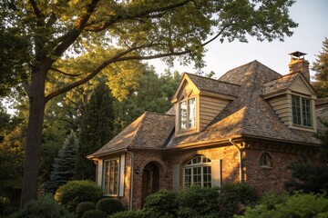 Brick house surrounded by sunlight, lush greenery, and blooming shrubs. Cozy suburban home nestled among trees.