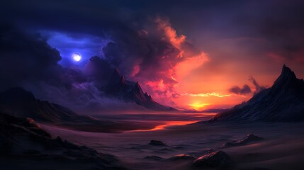 Fototapeta premium Dramatic Sunset Moonlight Over Mountains.