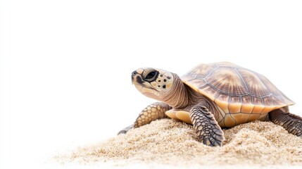 Obraz premium Small Brown Turtle on Sand Against White Background