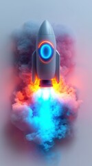 Rocket blasting off, with bright blue & orange flames, smoke, and soft background