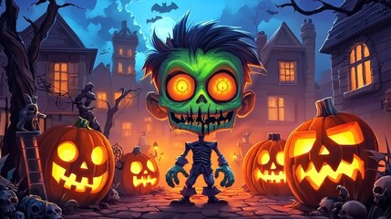 Spooky Halloween Night with Cartoon Zombie Pirates on a Beach Under the Full Moon Creating Haunting Emotions and Fantasy Imagery for Perfect HD Wallpapers