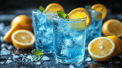 Fototapeta premium Refreshing blue lemonade with slices of lemon and mint leaves served in glasses with ice, perfect for a summer day