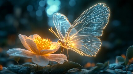 Luminous Butterfly on Flower in Dark Forest