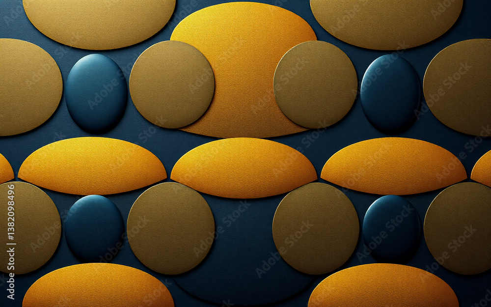 Poster repeating geometric pattern of yellow and blue shapes. round and oval textured forms create a modern