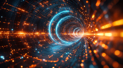 Digital tunnel showcasing vibrant lights and energy flow during a futuristic exploration at night