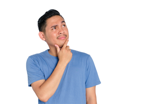 Smiling young Asian man touching chin while looking up with thoughtful expression, decision making, isolated on transparent background