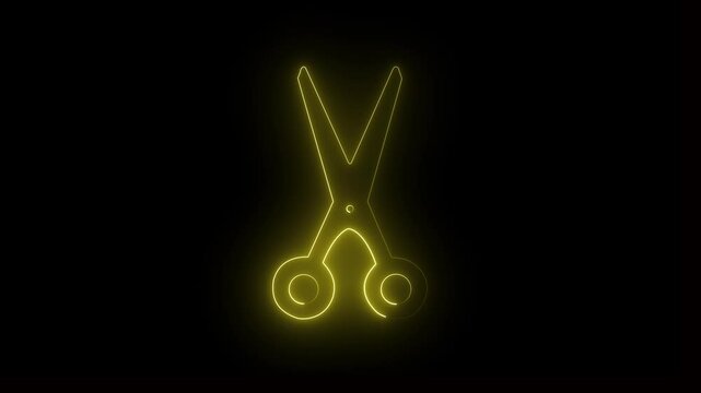 abstract Glowing neon Scissors icon animation on black background. Cutting tool sign.