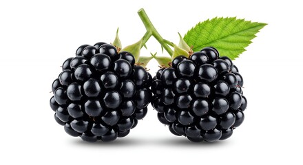 Two Fresh Blackberries on Stem with Leaf Isolated on White Background