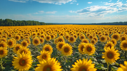 Fototapeta premium Expansive sunflower field under a bright blue sky during warm summer afternoon