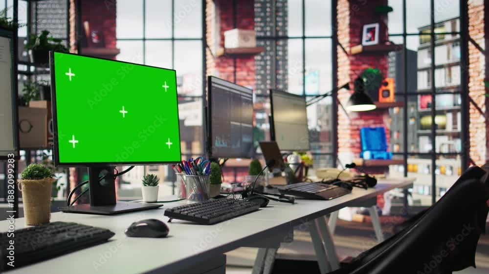 Poster green screen pc monitors in empty call center office where unsatisfied customers call to solve techn