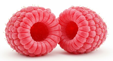 Two fresh raspberries close up on white background for healthy eating