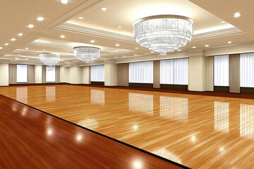 Large empty ballroom with chandeliers and windows