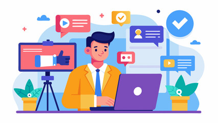 A candidate creating a visually appealing campaign video to share on social media showcasing their creativity and dedication to their campaign.. Vector illustration