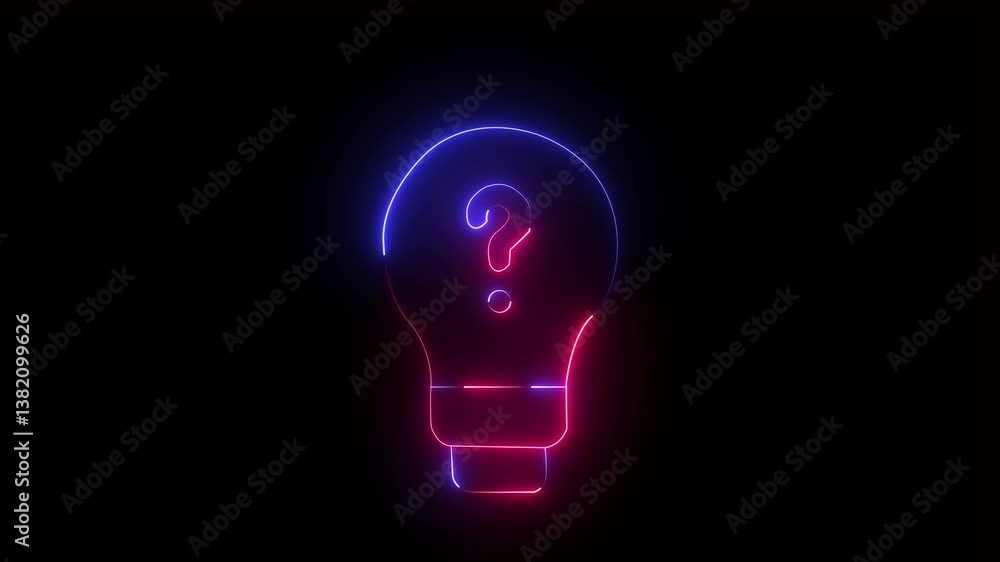 Poster glowing neon bright light bulb with question mark animation on black background. glowing question ma