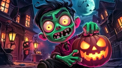 A Spooky Halloween Adventure Awaits in a Fantasy Town Filled with Cartoon Characters, Zombie Pirates, and Jack-o'-Lanterns Beneath the Full Moon!