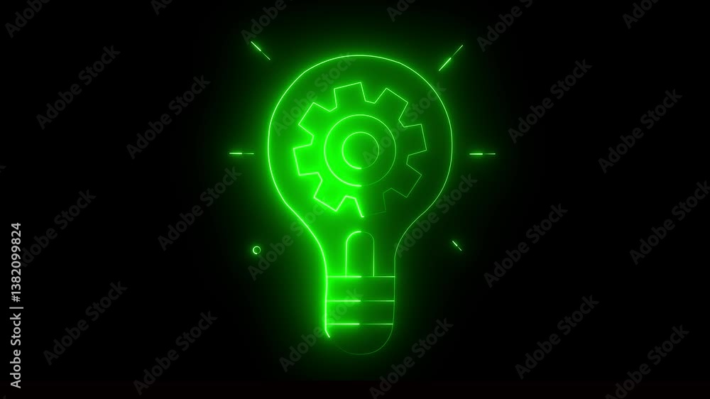 Poster glowing bright light bulb with setting icon animation on black background. glowing setting with ligh