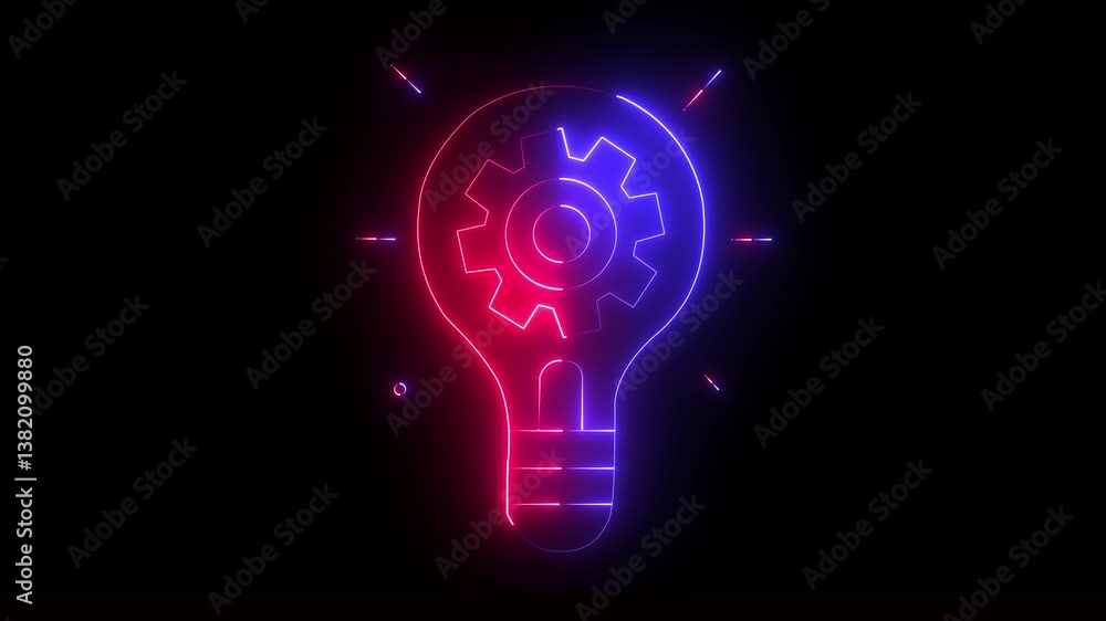 Poster glowing bright light bulb with setting icon animation on black background. glowing setting with ligh