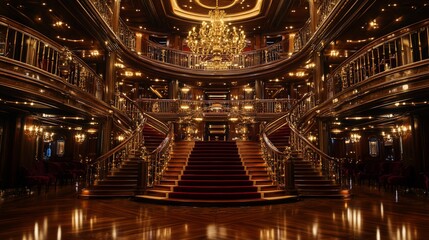 Obraz premium Luxurious wooden grand ballroom with chandelier and red carpet stairway